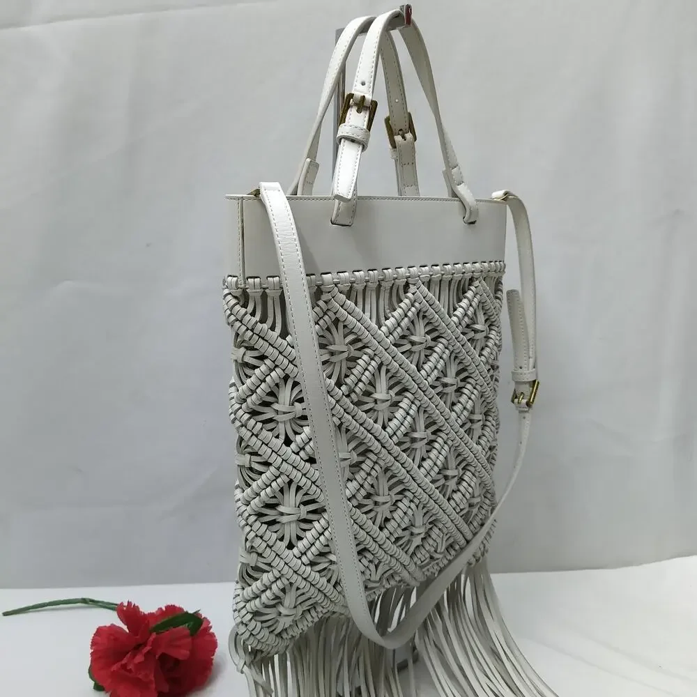 Tory Burch White Leather Woven Braided Macramé Fringe Limited Ed Crossbody Bag